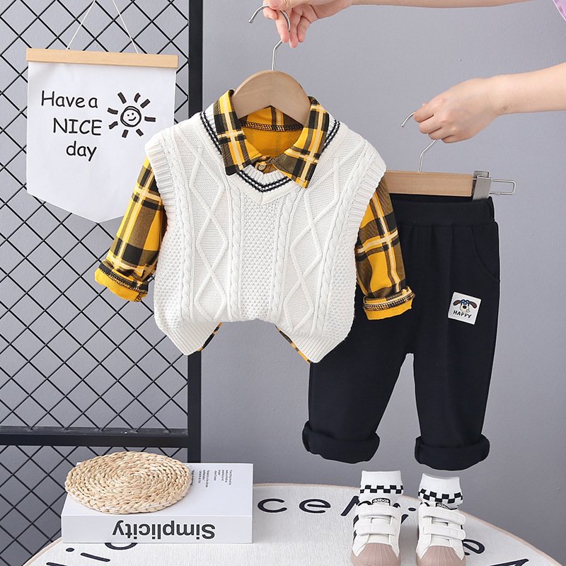 Latest Style Spring Autumn Kids 3pcs Suits Vest Sweater+Shirt+Pants Casual Boys Clothing Sets