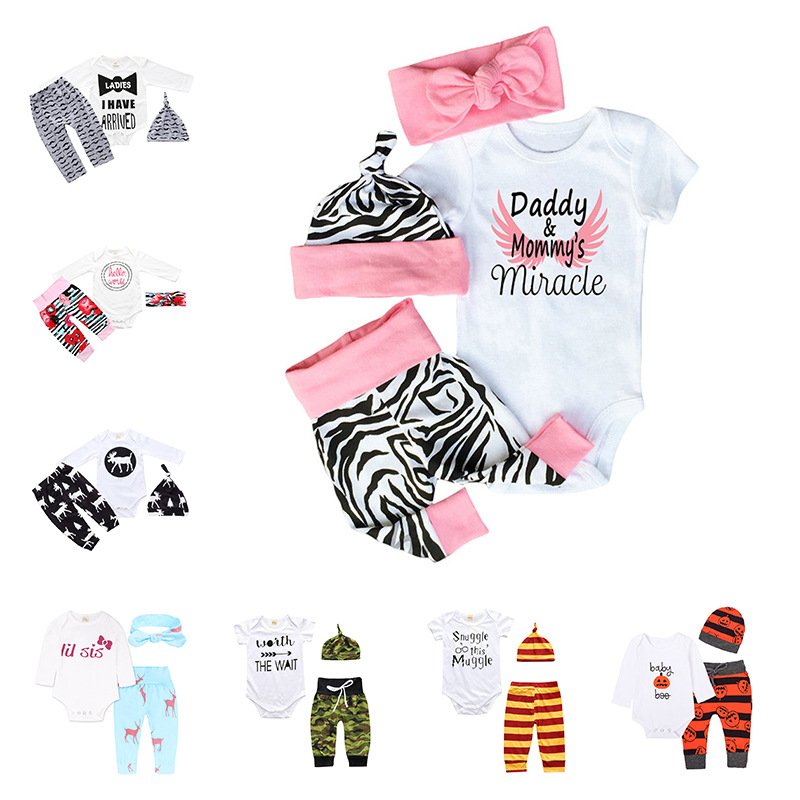 Infant cartoon cotton romper pants headband hat clothes set newborn outfits toddler jumpsuits girls boys baby clothing set