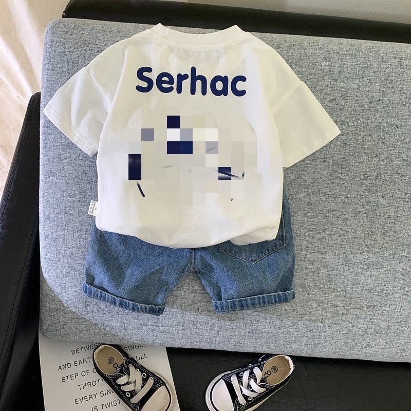 Summer Clothes For Kids Cute Handsome Fun Cartoon Design Suit For Kids Boys Children's T-Shirt Short Set + Denim Shorts