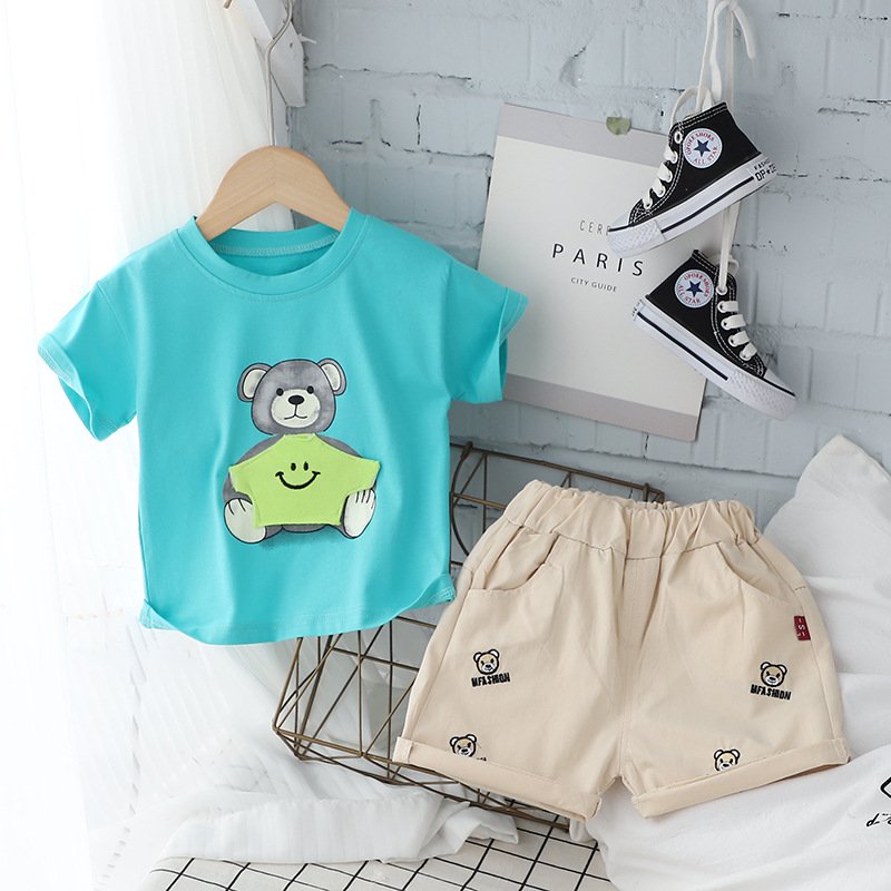 Summer Clothes For Kids Cute Handsome Fun Cartoon Design Suit For Kids Boys Children's T-Shirt Short Set + Denim Shorts