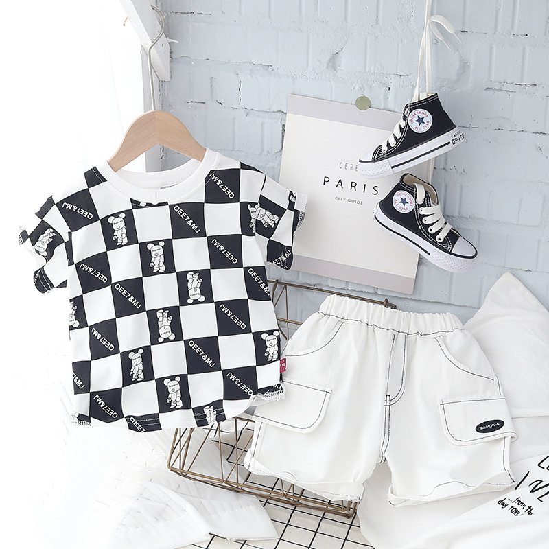 Summer Clothes For Kids Cute Handsome Fun Cartoon Design Suit For Kids Boys Children's T-Shirt Short Set + Denim Shorts
