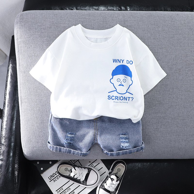 Summer Clothes For Kids Cute Handsome Fun Cartoon Design Suit For Kids Boys Children's T-Shirt Short Set + Denim Shorts