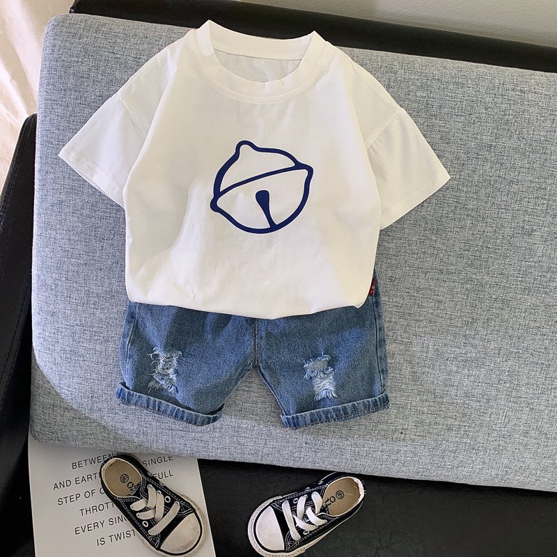 Summer Clothes For Kids Cute Handsome Fun Cartoon Design Suit For Kids Boys Children's T-Shirt Short Set + Denim Shorts
