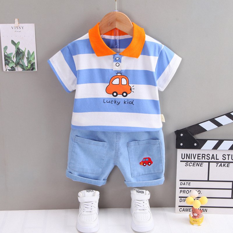 Summer boys' lapel short-sleeved children's suit children's POLO shirt children's clothing striped T-shirt two-piece set