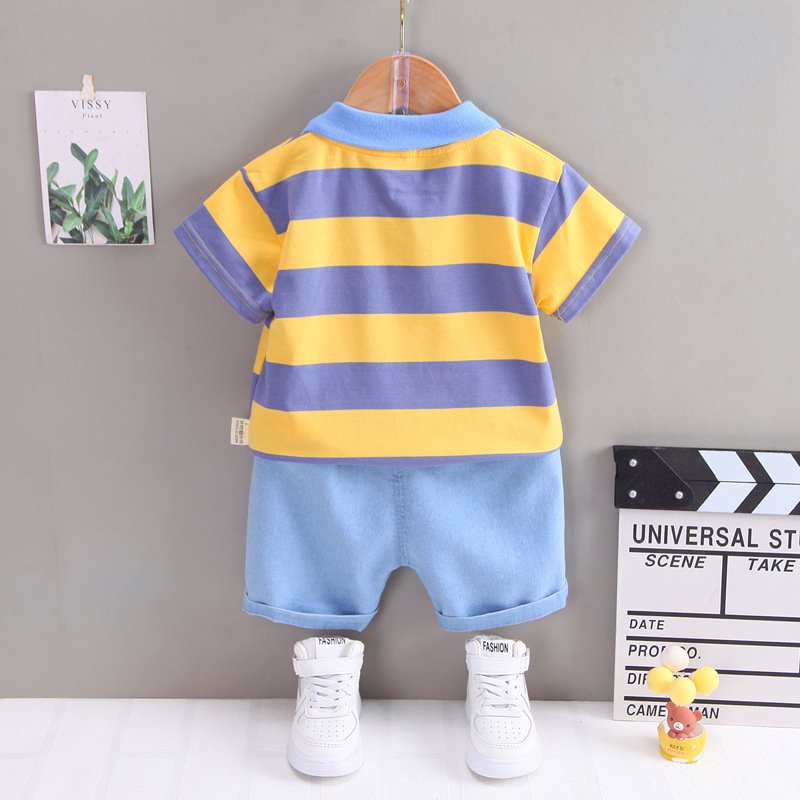 Summer boys' lapel short-sleeved children's suit children's POLO shirt children's clothing striped T-shirt two-piece set