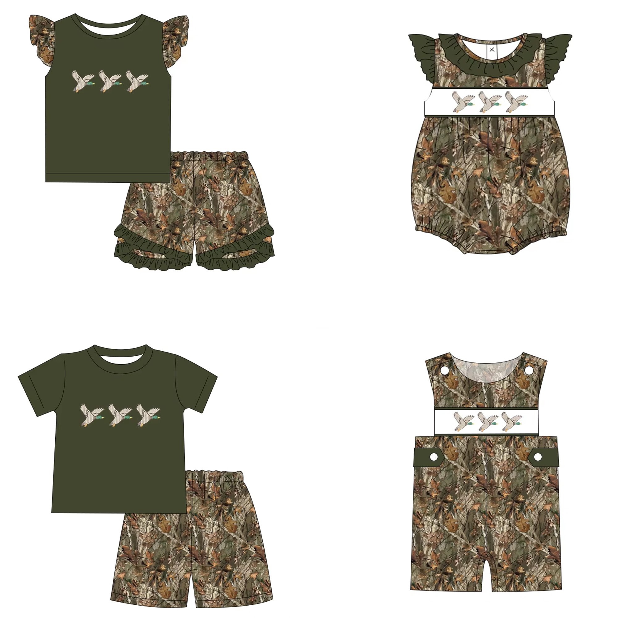 Wholesale Custom Baby Clothes Mallard Duck Embroidery Outfit Summer Children's Boutique Clothing Sets for Little Girls Boys