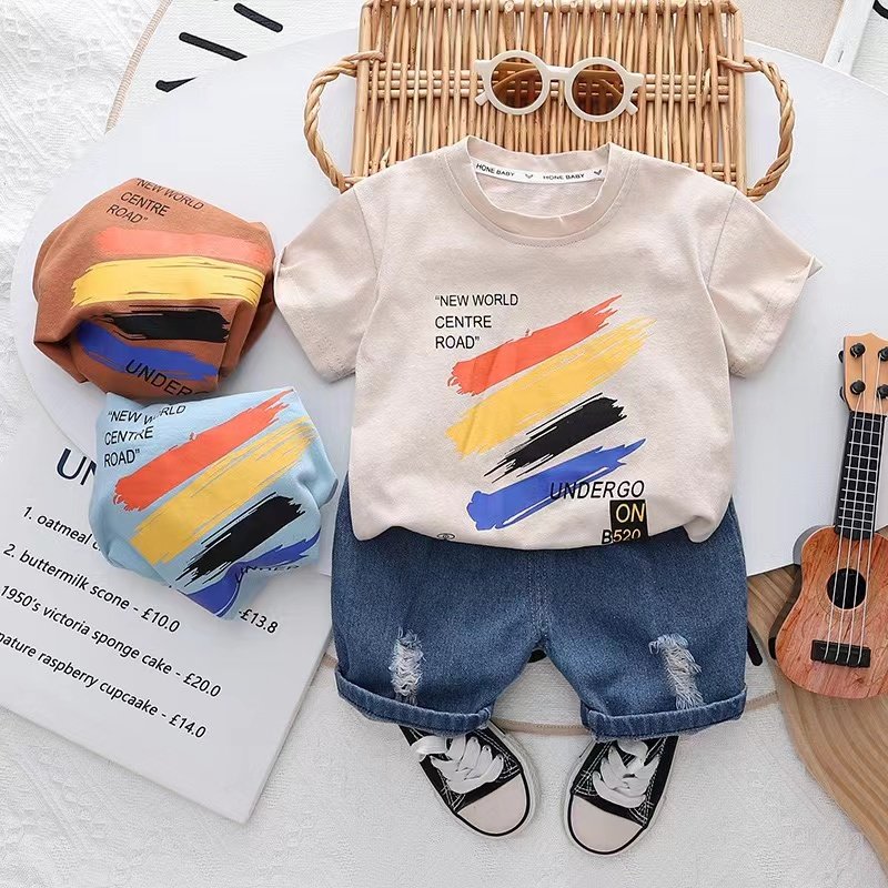 2024 years Guangzhou latest boys' summer shirt set children's clothing Dinosaur cartoon T-shirt for 1-5 age of kids jeans