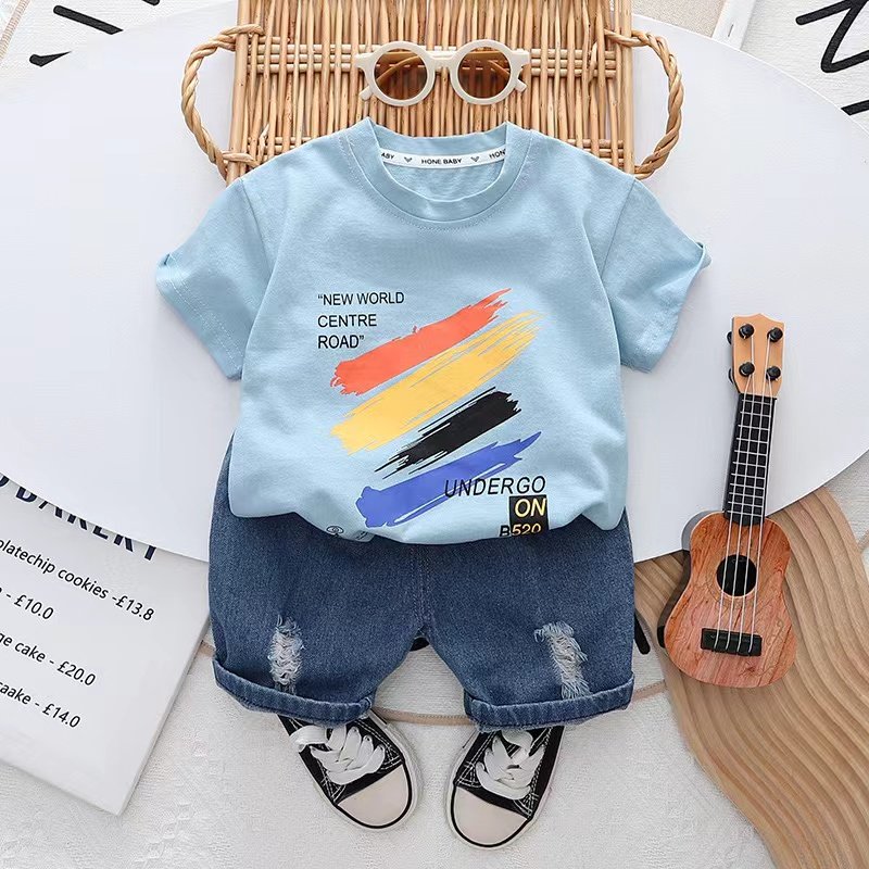 2024 years Guangzhou latest boys' summer shirt set children's clothing Dinosaur cartoon T-shirt for 1-5 age of kids jeans