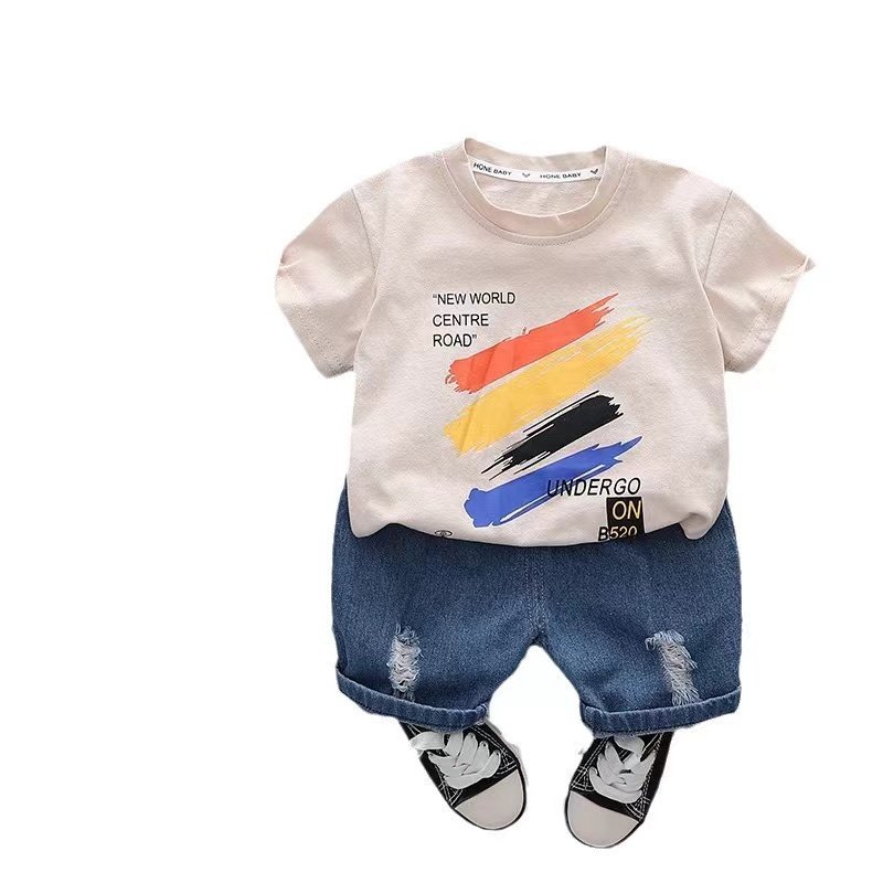2024 years Guangzhou latest boys' summer shirt set children's clothing Dinosaur cartoon T-shirt for 1-5 age of kids jeans