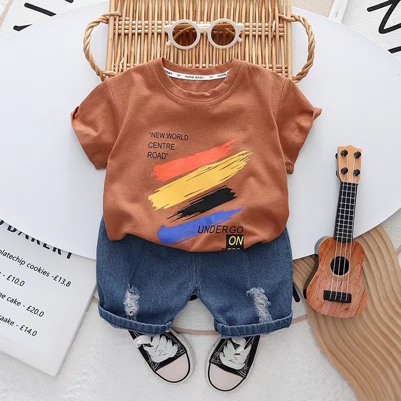 2024 years Guangzhou latest boys' summer shirt set children's clothing Dinosaur cartoon T-shirt for 1-5 age of kids jeans