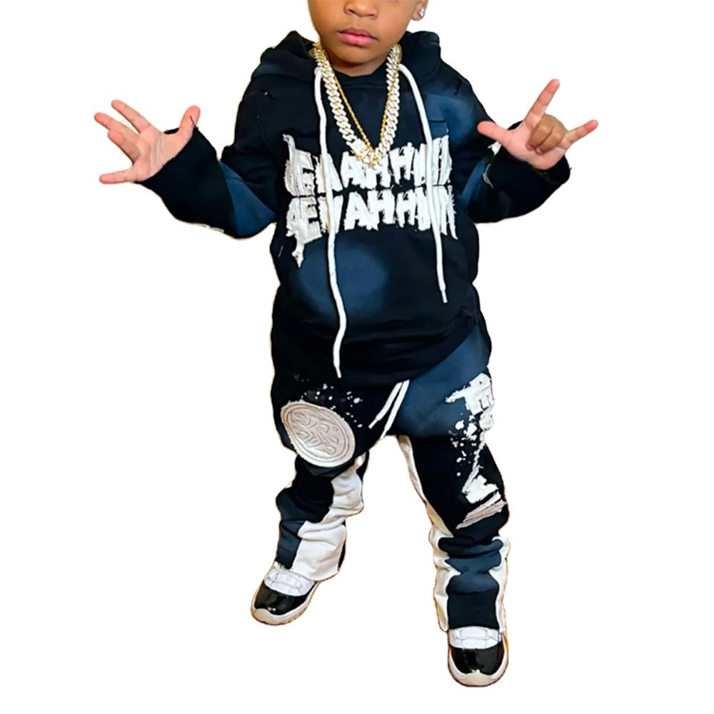 Custom Latest Baby Stacked Flare Sweatsuit Clothes Distressed Embroidery 100% Cotton Fleece Boys And Girls Kids Tracksuits