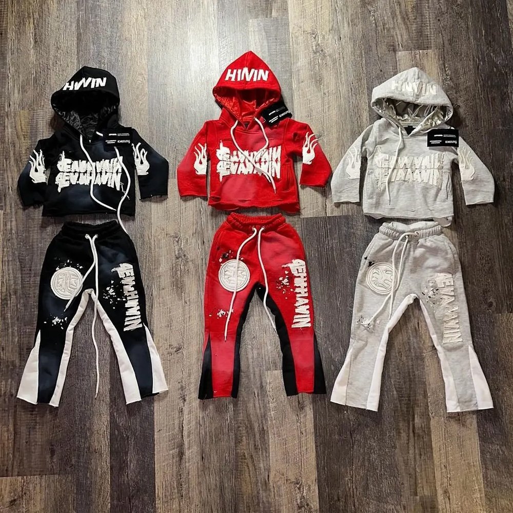 Custom Latest Baby Stacked Flare Sweatsuit Clothes Distressed Embroidery 100% Cotton Fleece Boys And Girls Kids Tracksuits