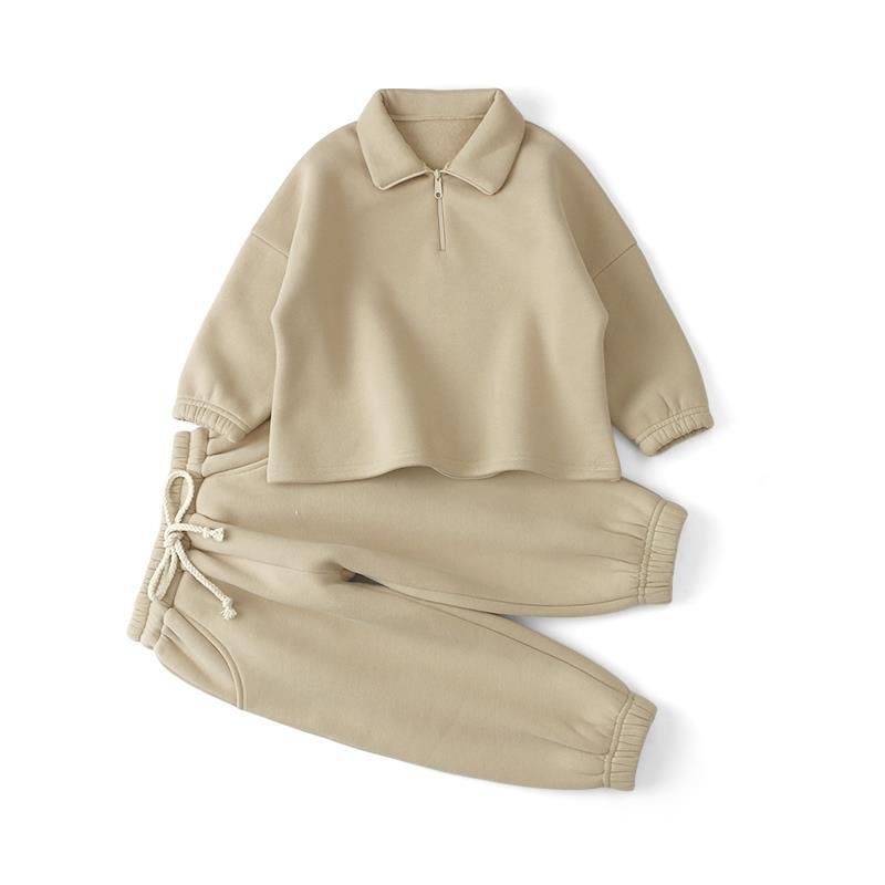 Korean version of boys and girls' winter clothing new set solid color fleece hooded sweater leggings, casual children's set