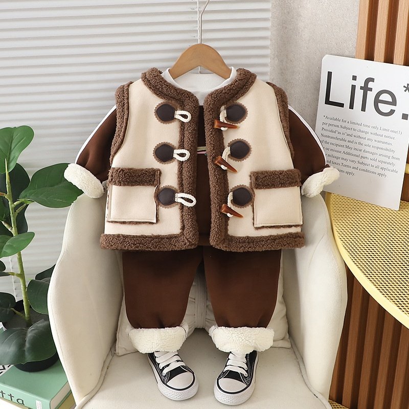 Winter OEM Custom Factory Infant Baby Clothes Thick Fleece Sweatshirt Pocket Vest Pant 3PCS Set Toddler Kids Boys Clothing Sets