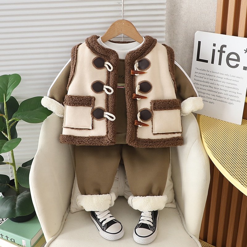 Winter OEM Custom Factory Infant Baby Clothes Thick Fleece Sweatshirt Pocket Vest Pant 3PCS Set Toddler Kids Boys Clothing Sets
