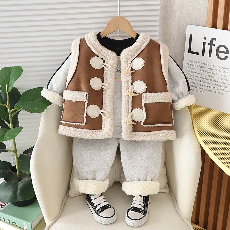 Winter OEM Custom Factory Infant Baby Clothes Thick Fleece Sweatshirt Pocket Vest Pant 3PCS Set Toddler Kids Boys Clothing Sets