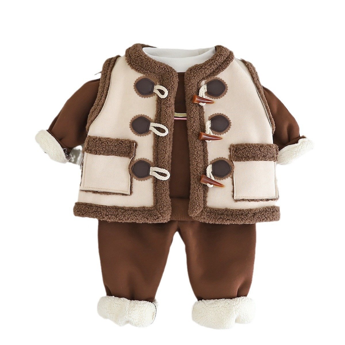 Winter OEM Custom Factory Infant Baby Clothes Thick Fleece Sweatshirt Pocket Vest Pant 3PCS Set Toddler Kids Boys Clothing Sets