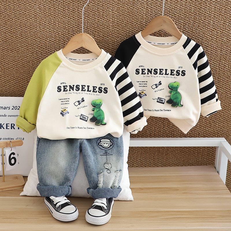 2024 Autumn/Winter Boys Clothing Set Soft Shell Cartoon Kids Contrast Color Cute Simple Style Long Sleeve Top Warm Two-Piece