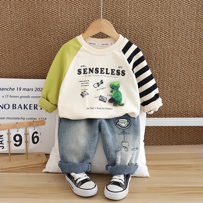 2024 Autumn/Winter Boys Clothing Set Soft Shell Cartoon Kids Contrast Color Cute Simple Style Long Sleeve Top Warm Two-Piece