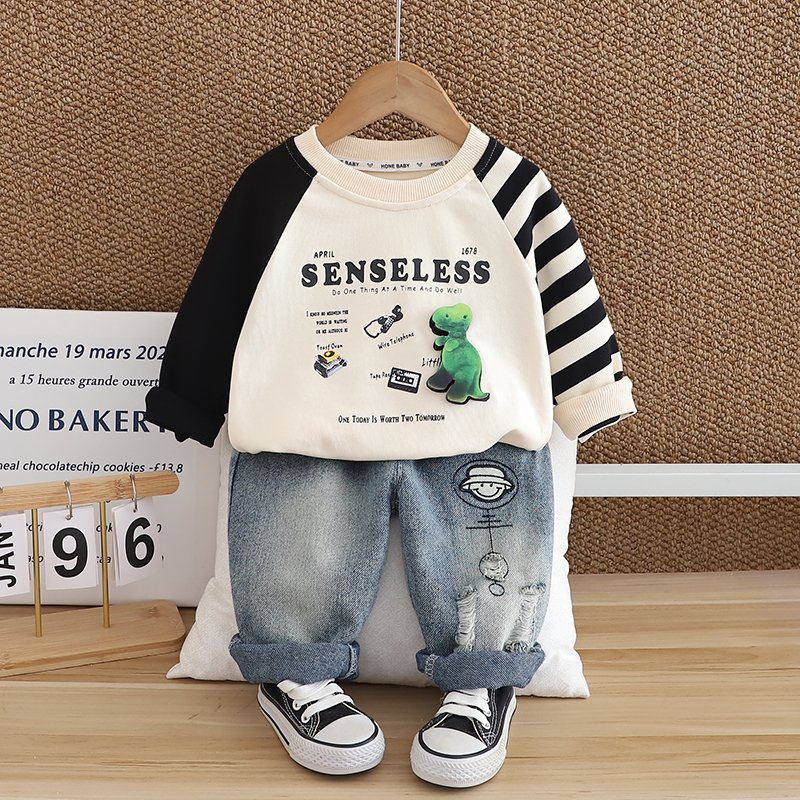 2024 Autumn/Winter Boys Clothing Set Soft Shell Cartoon Kids Contrast Color Cute Simple Style Long Sleeve Top Warm Two-Piece