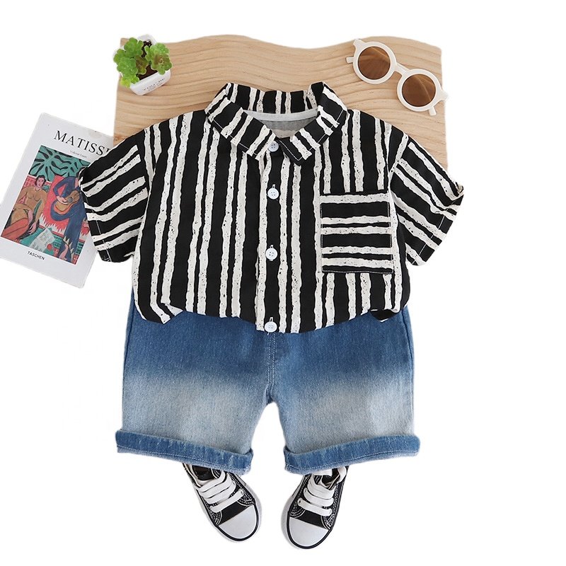 Wholesale Summer In Stock Child Kids Striped Shirt Denim Jeans Short 2pcs Boy Clothing Sets