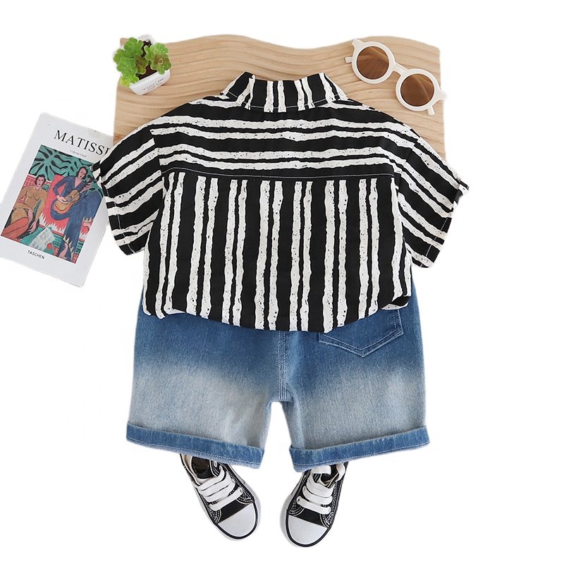 Wholesale Summer In Stock Child Kids Striped Shirt Denim Jeans Short 2pcs Boy Clothing Sets