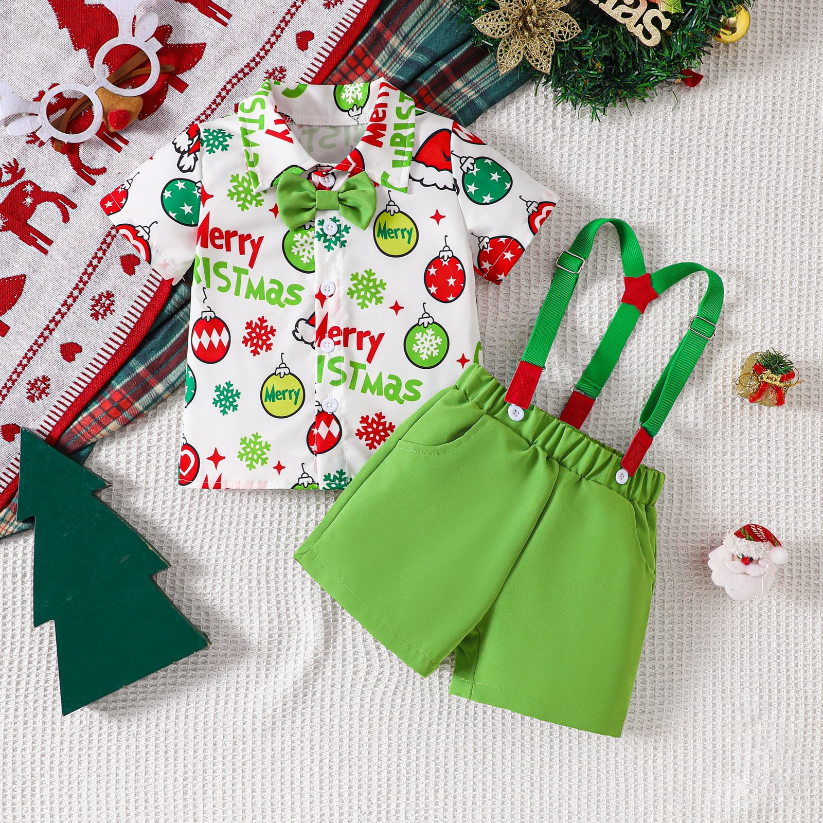 Good Price Kids Clothing Sets For Boys Christmas Print Children Short Sleeve Top New Summer Overalls Clothing Set Fashionable