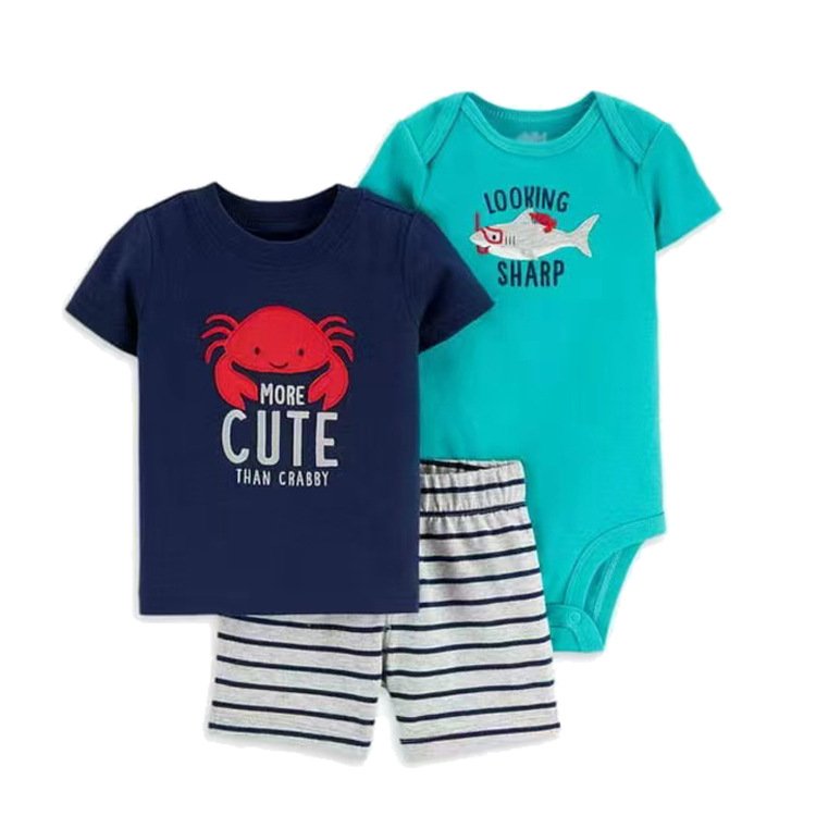 kids clothing wholesale cotton t shirt short pants knit rompers baby 3 pcs boy clothing sets