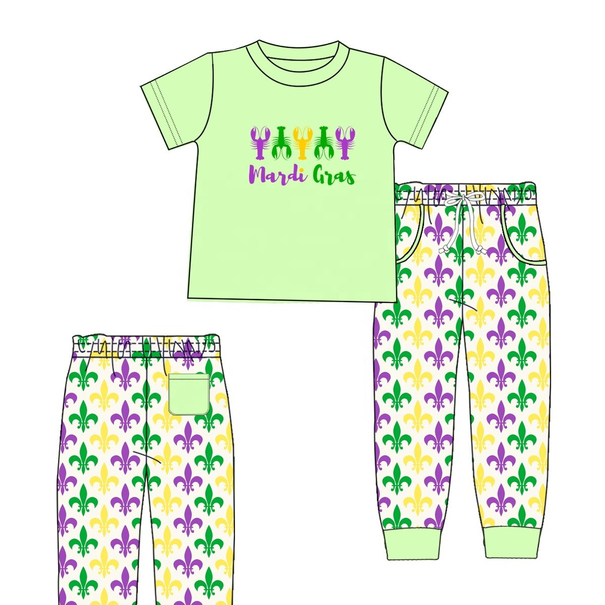 Puresun kids clothes wholesale mardi gras children clothing lobster embroidery boy clothing set with shorts