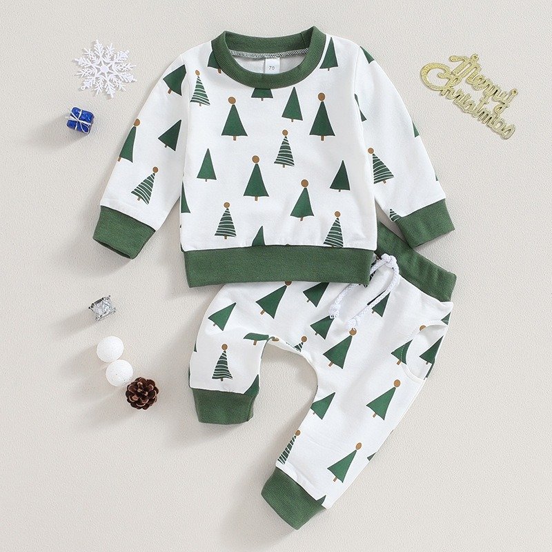 2024 new Christmas Style sleepwear Set Kids Wear green tree Print Long Sleeve homewear Wholesale Children Clothing Sets