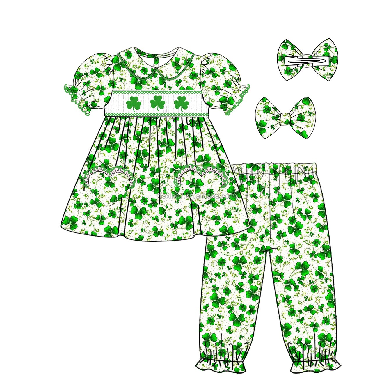Smocked Children's Clothing St. Patrick's Day Boutique Leaf Clover Embroidery Baby Girls Pajamas Kids Clothing Sets
