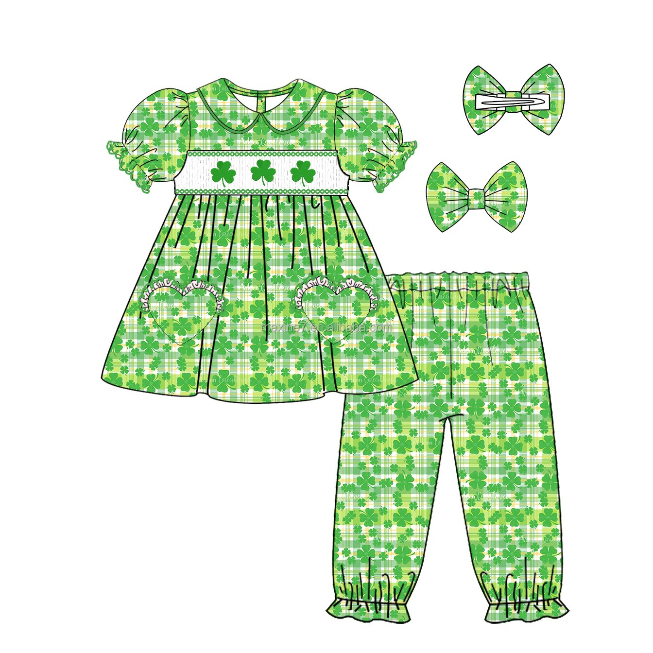 Smocked Children's Clothing St. Patrick's Day Boutique Leaf Clover Embroidery Baby Girls Pajamas Kids Clothing Sets
