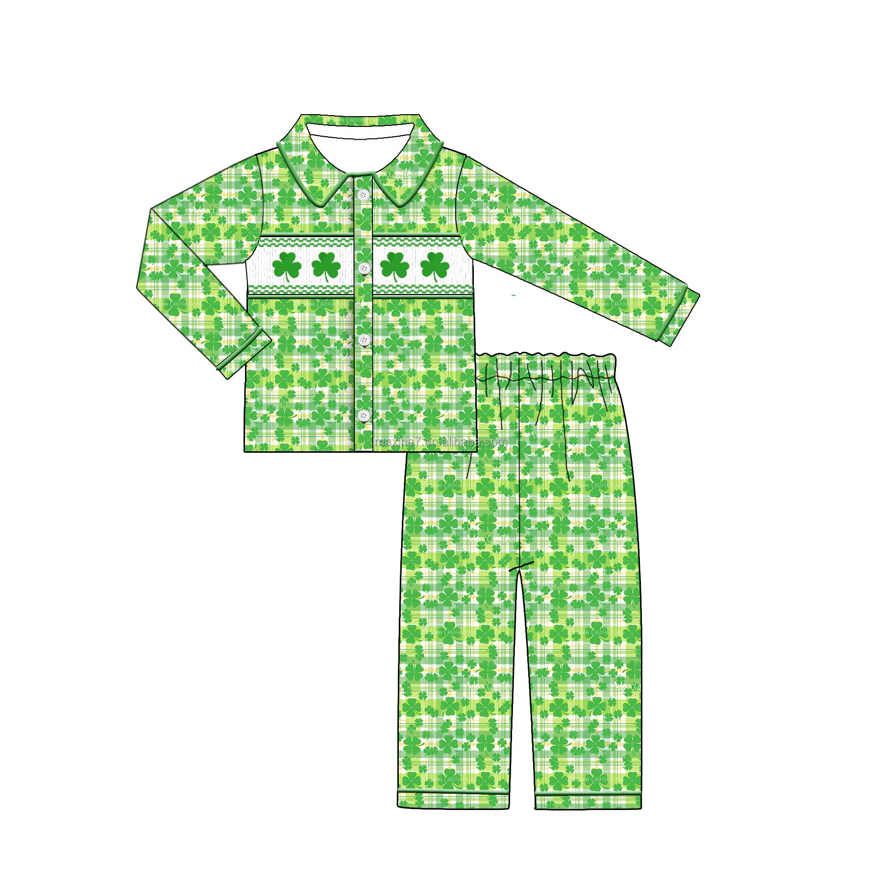 Smocked Children's Clothing St. Patrick's Day Boutique Leaf Clover Embroidery Baby Girls Pajamas Kids Clothing Sets