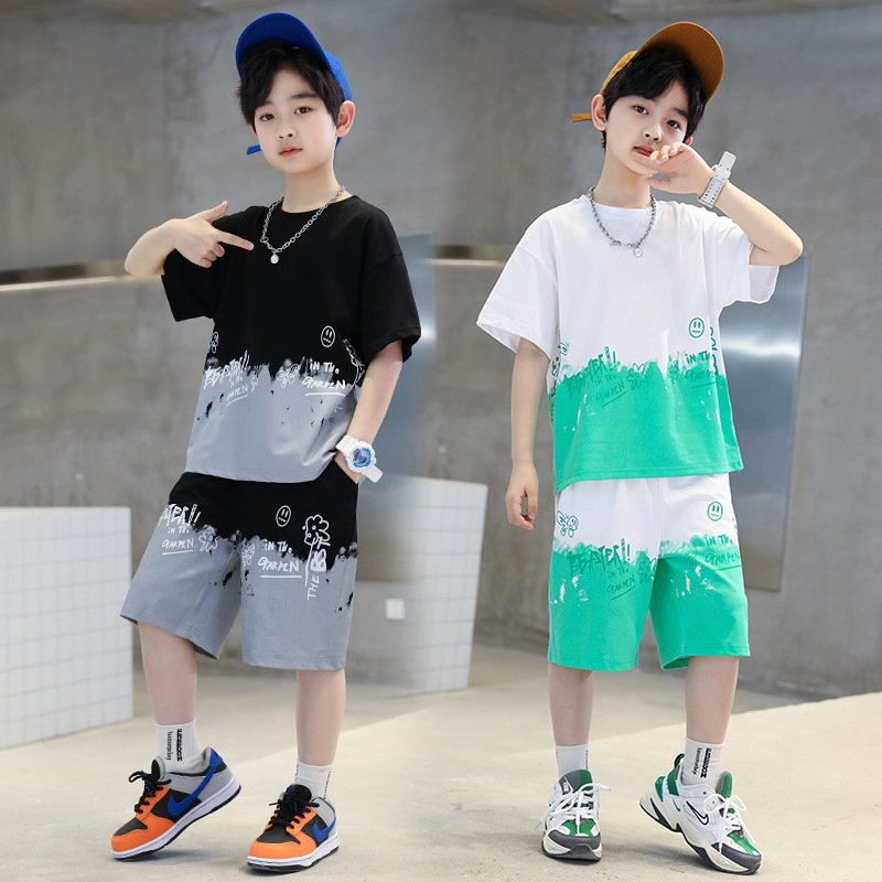 New CUHK Boys Summer Suit Handsome Children's Street Sports Casual Cotton Clothes Print Pattern Short Sleeve Leisure Outfit Kids