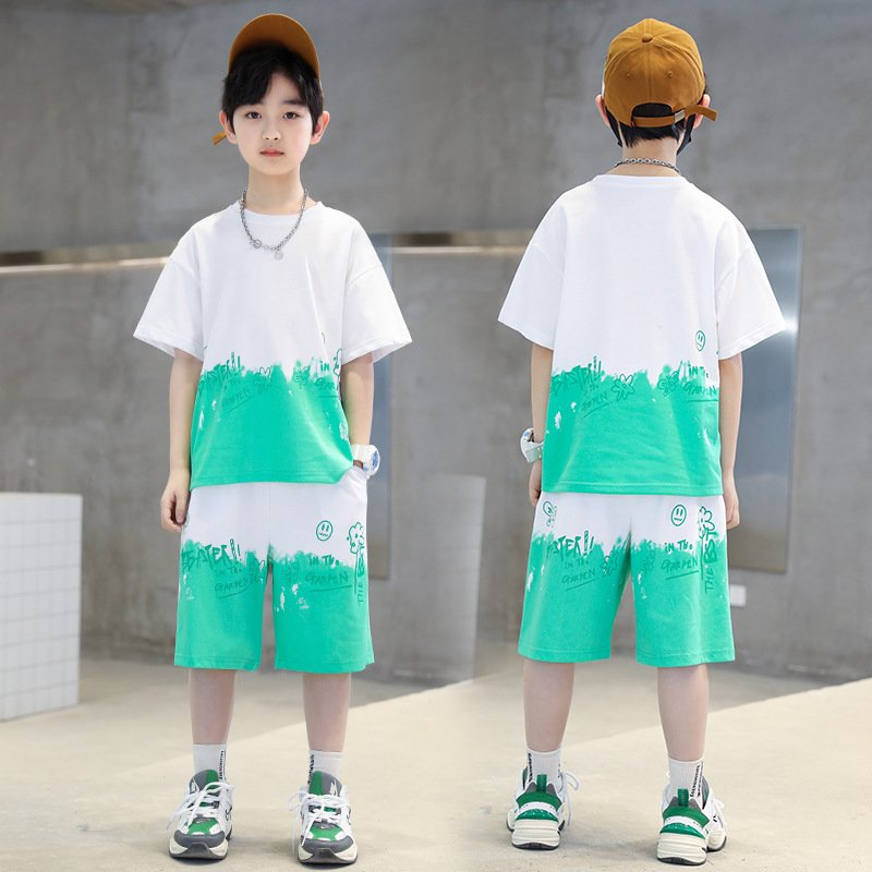 New CUHK Boys Summer Suit Handsome Children's Street Sports Casual Cotton Clothes Print Pattern Short Sleeve Leisure Outfit Kids