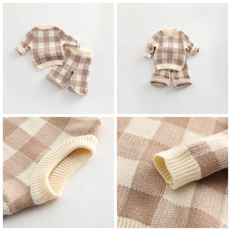 Autumn Kids Clothing Set Plaid Boys Hoodie Suits Vintage Knitted Girls Clothes Set