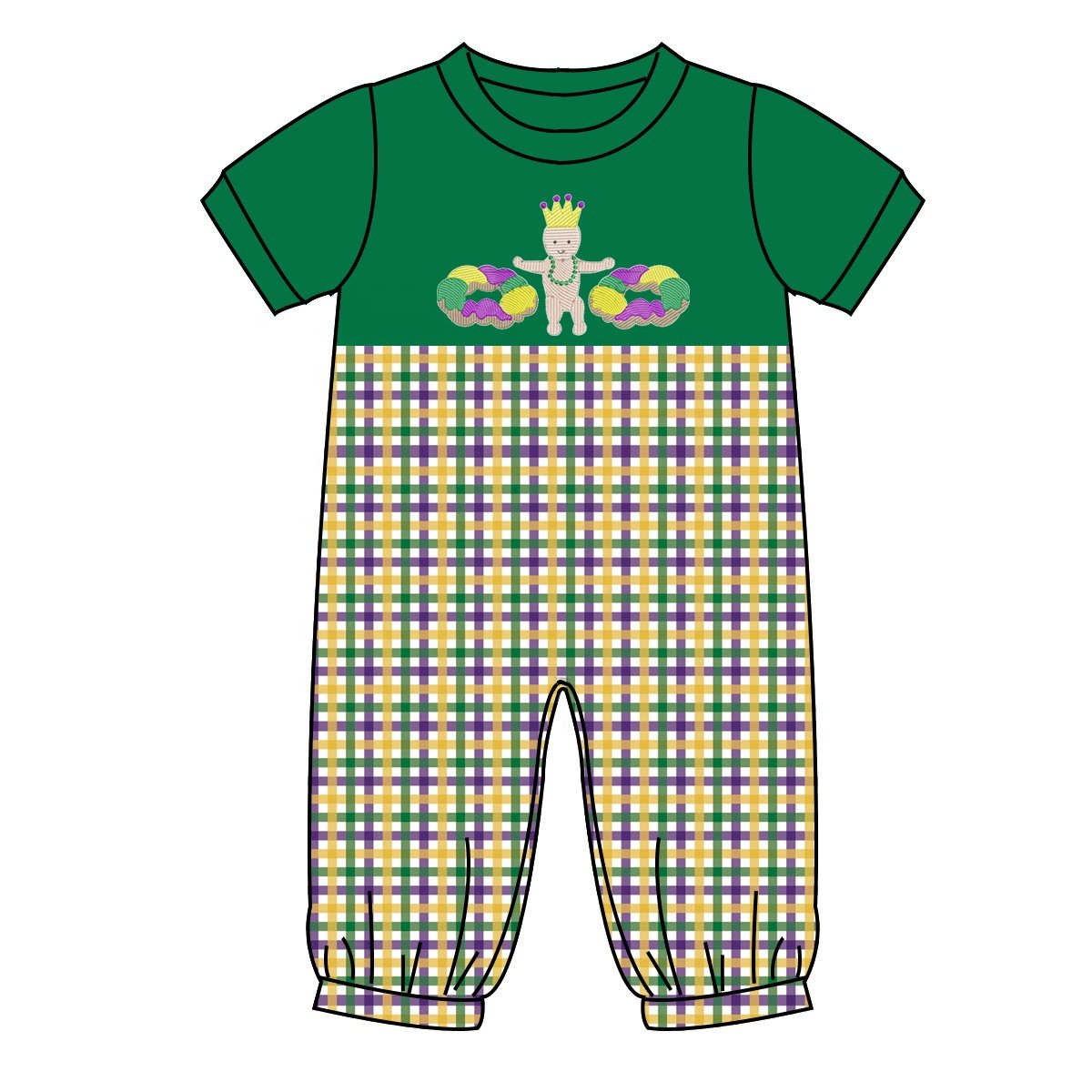 New Arrival Mardi Gras boy clothing sets knitted short sleeve children's wear gingham shorts set embroidery baby boutique outfit