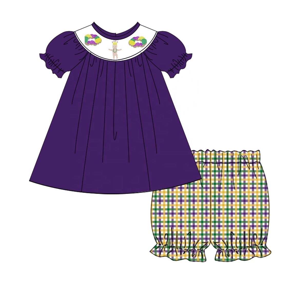 New Arrival Mardi Gras boy clothing sets knitted short sleeve children's wear gingham shorts set embroidery baby boutique outfit