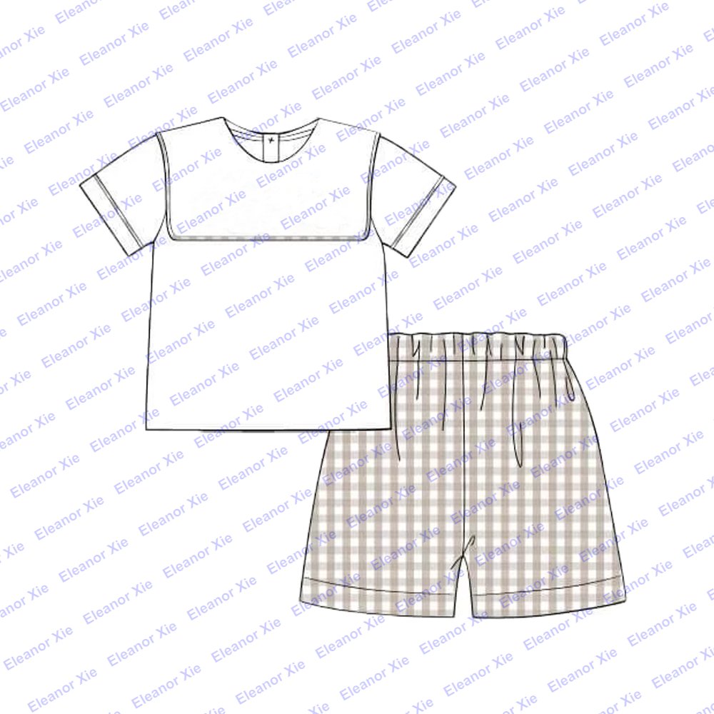 Wholesale khaki gingham siblings matching children toddler girls clothing sets spring autumn square collar baby girl shorts set