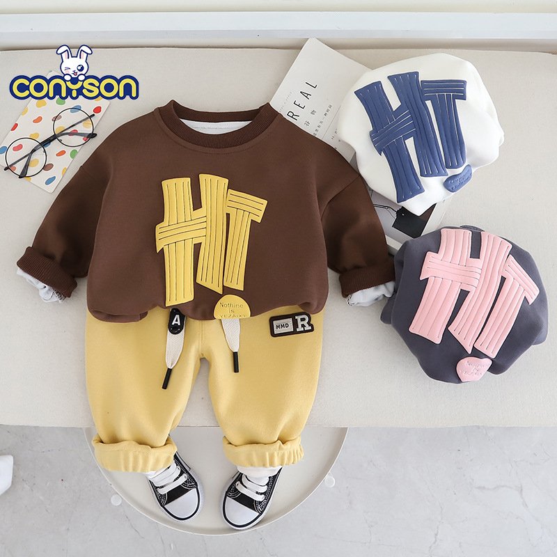 Conyson Wholesale Price Letters Handsome Korean Soft Baby Hoodie Solid Color Boy And Girl Daily Children Kids Clothing Sets