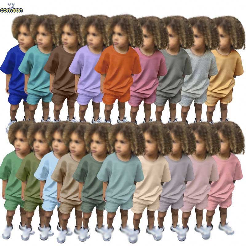 Custom Children Clothing 100% Cotton 230g Heavywaight T Shirts Baby Boys Girls Clothing Set Casual Short Sleeve kids Biker Set
