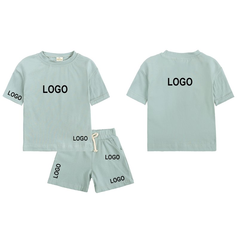Custom Children Clothing 100% Cotton 230g Heavywaight T Shirts Baby Boys Girls Clothing Set Casual Short Sleeve kids Biker Set