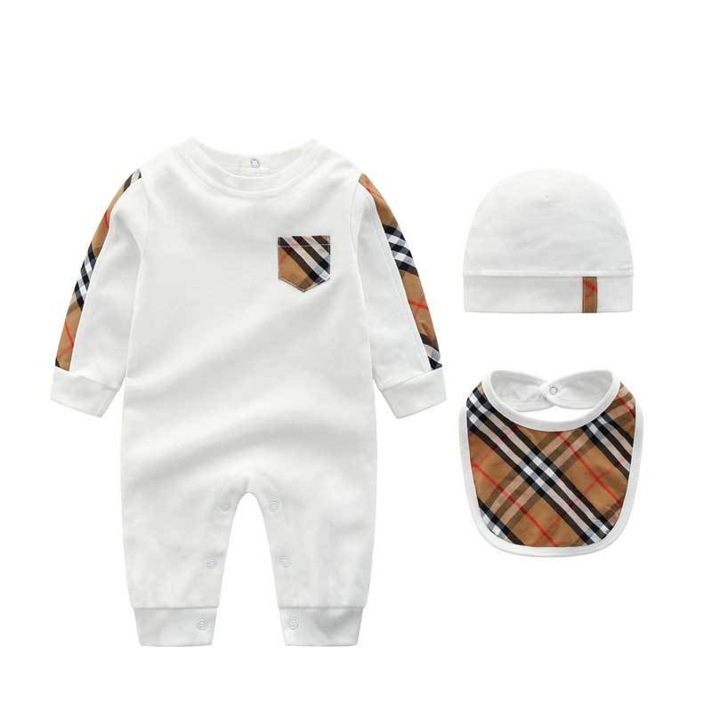 Luxury Brand Designer White Color Baby Boy 100% Cotton Grid Bodysuit Girl Baby Rompers Baby Clothing Set