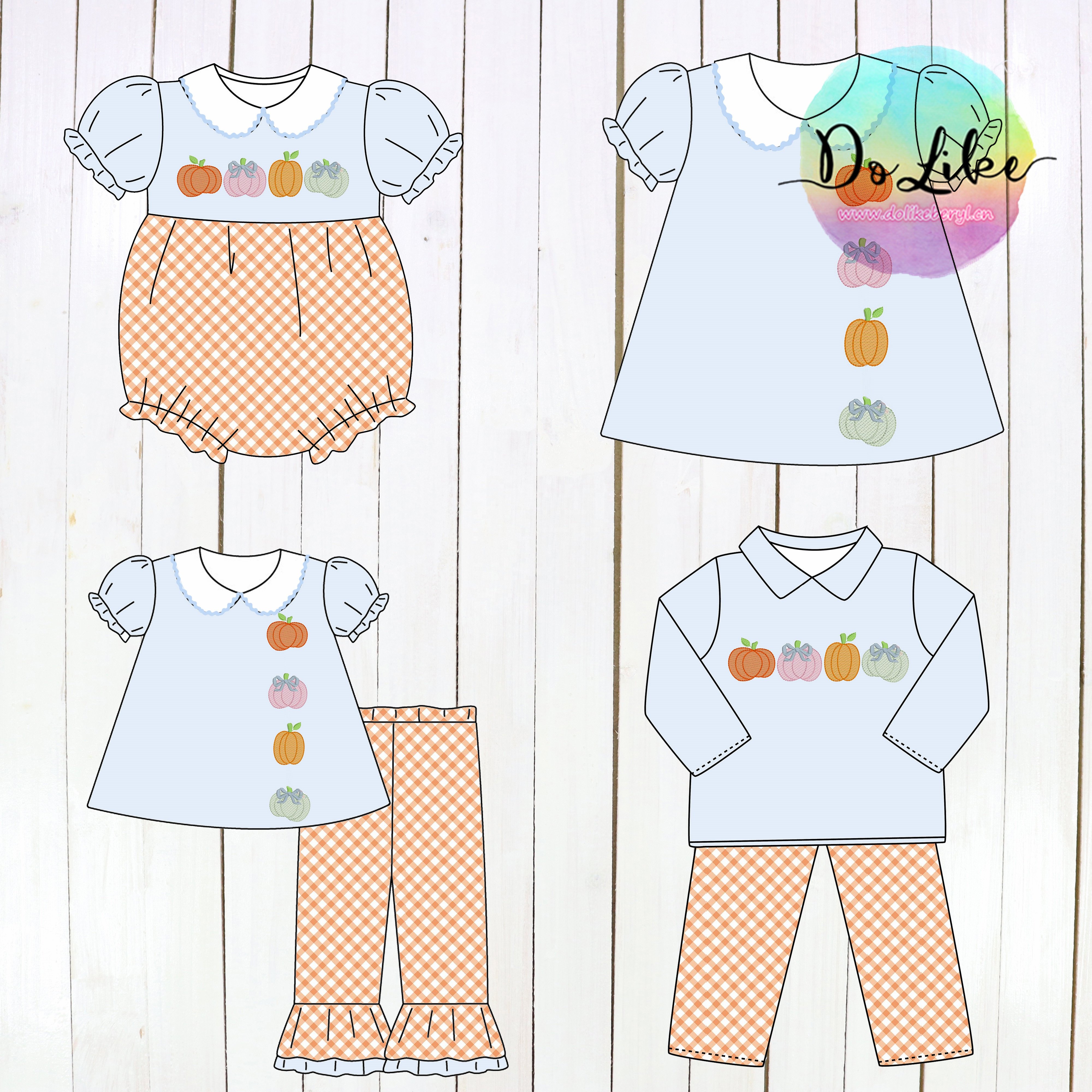 Cute turn-down collar children pumpkin embroidery girls outfits ruffle Thanksgiving kids clothing wholesale short clothes