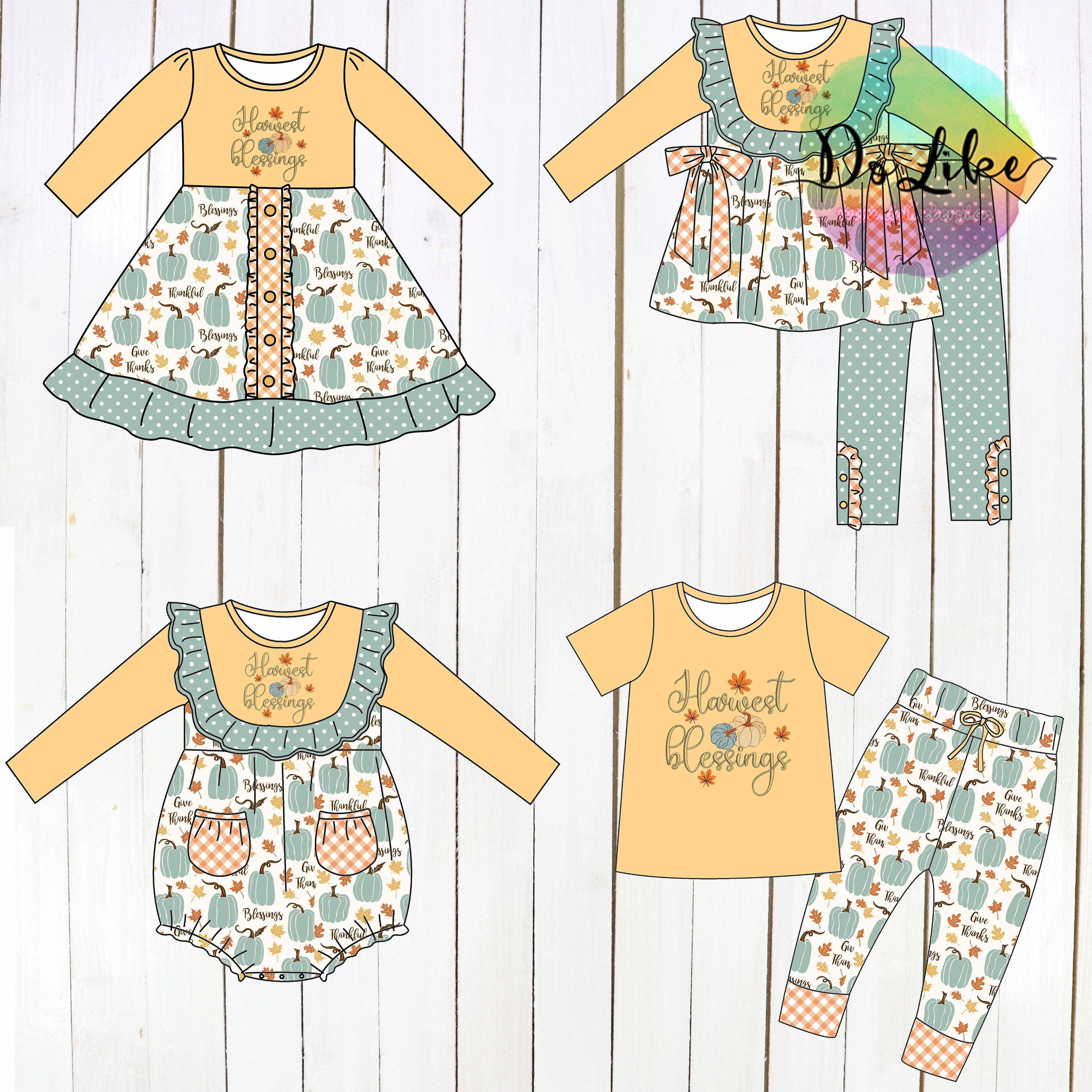 Cute turn-down collar children pumpkin embroidery girls outfits ruffle Thanksgiving kids clothing wholesale short clothes