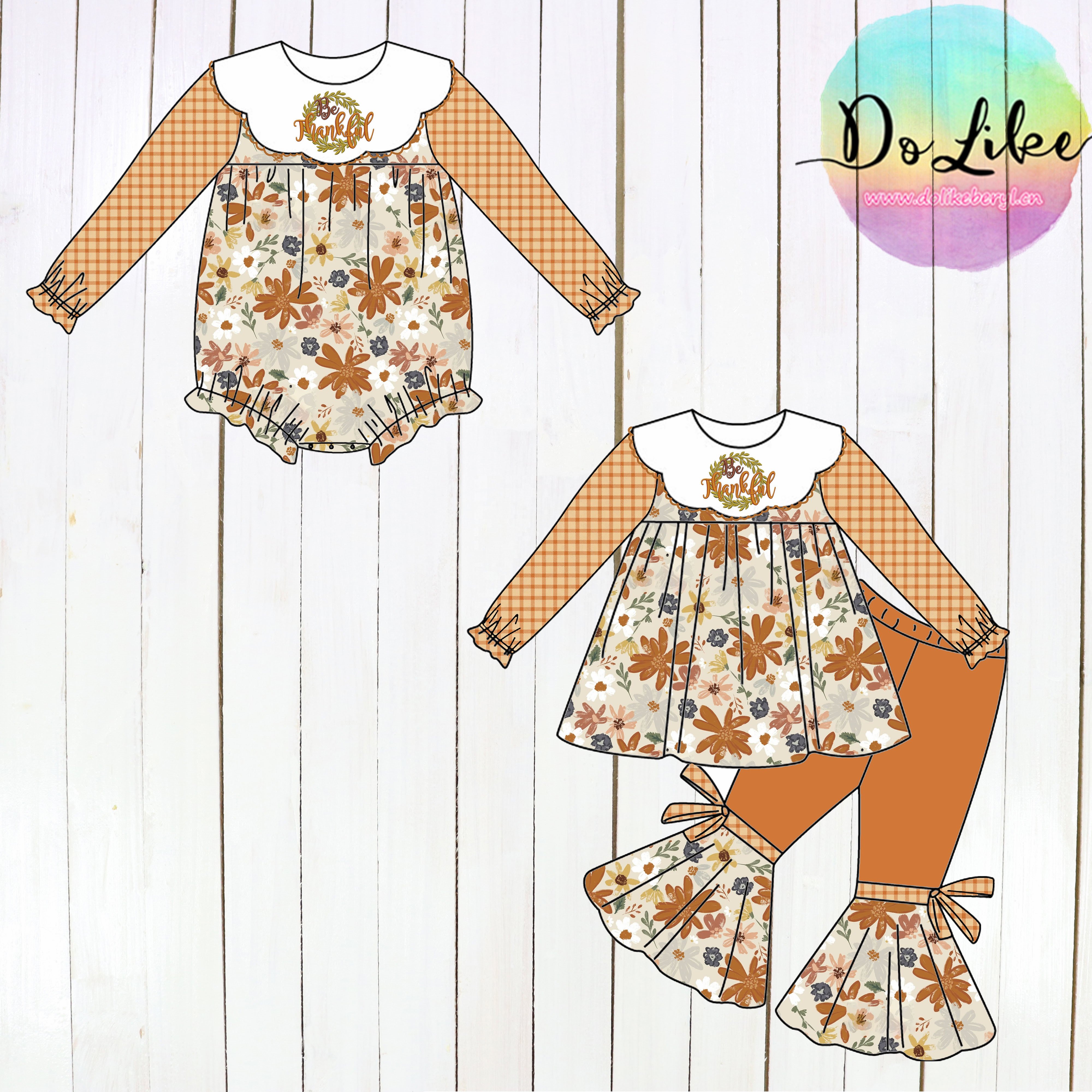 Cute turn-down collar children pumpkin embroidery girls outfits ruffle Thanksgiving kids clothing wholesale short clothes