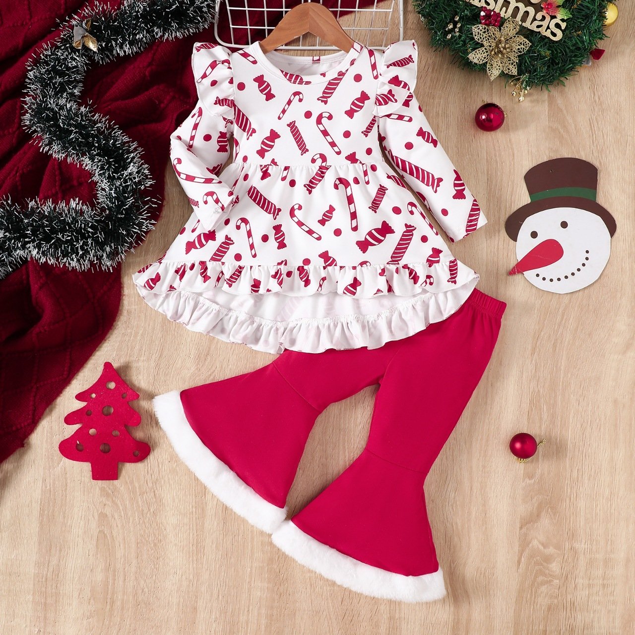 Christmas Children clothing Fall Girls Long Sleeve Christmas Printed Top Plush Flared Pants Suit