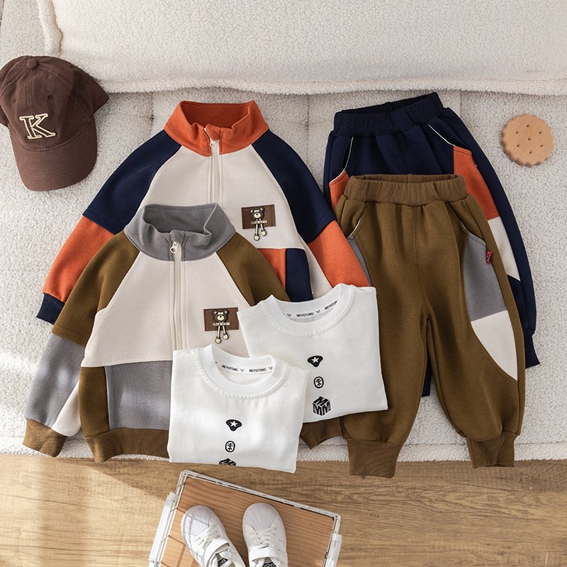 Kids clothing autumn stand-up collar patchwork contrasting coat + simple interior matching + sweatpants suit boys clothing sets