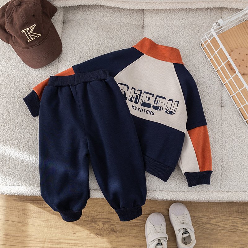 Kids clothing autumn stand-up collar patchwork contrasting coat + simple interior matching + sweatpants suit boys clothing sets