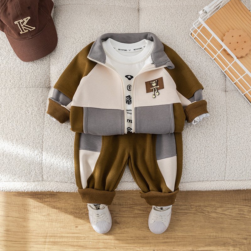 Kids clothing autumn stand-up collar patchwork contrasting coat + simple interior matching + sweatpants suit boys clothing sets